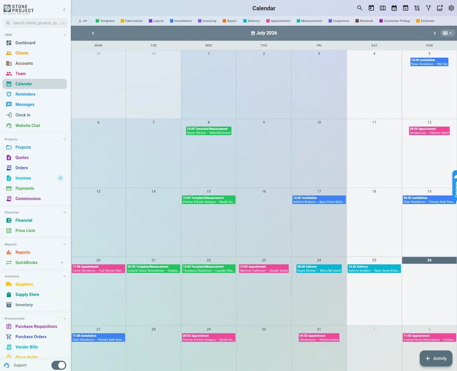 Month view of the Calendar showing color-coded activities — installation, template, delivery, appointment — across July