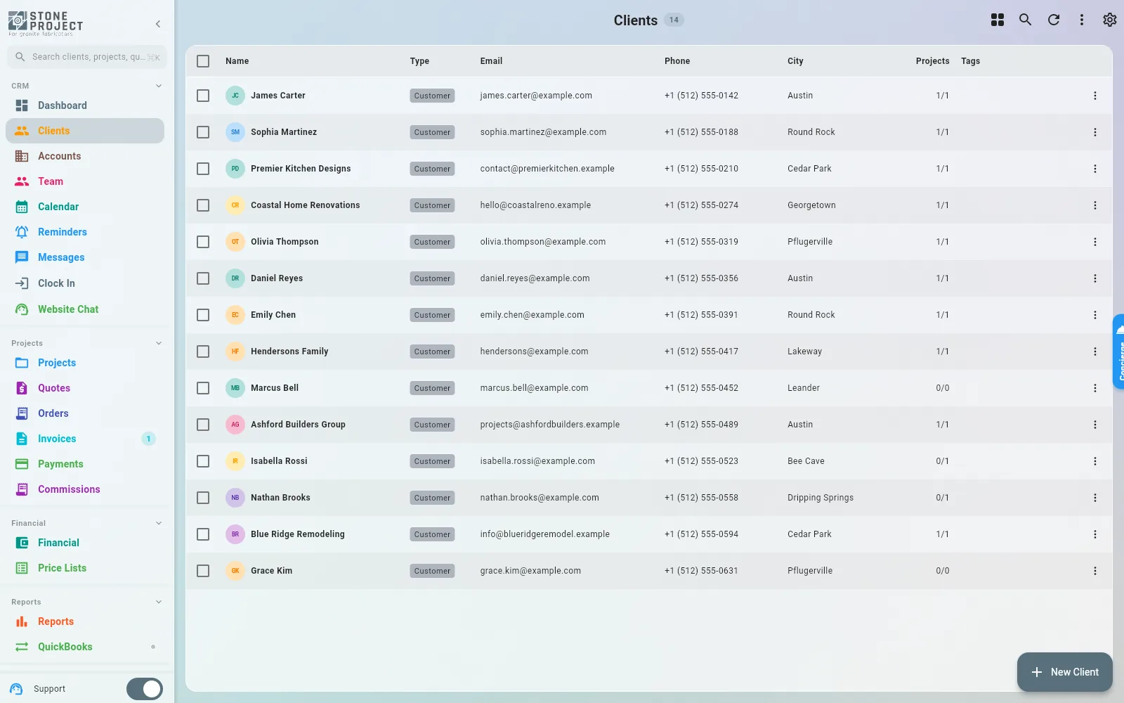 Clients list showing 14 customers with name, type, email, phone, city and linked projects