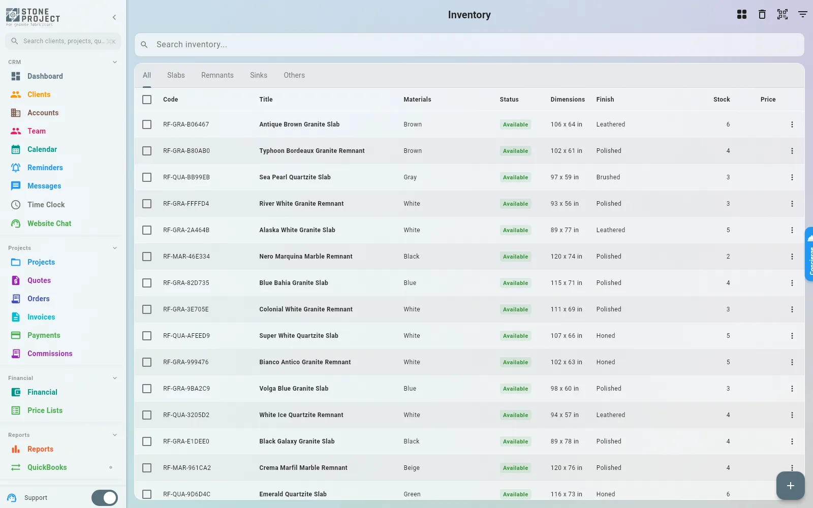 Inventory catalog showing slab codes, materials, dimensions, finishes and stock levels